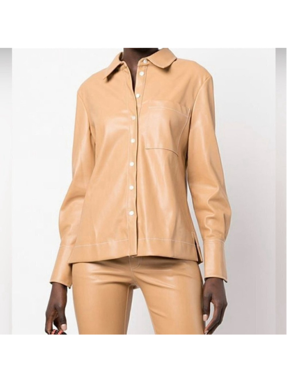 Staud Nwt Lynn Vegan Leather Collared Shirt In Doe Size Xs.
